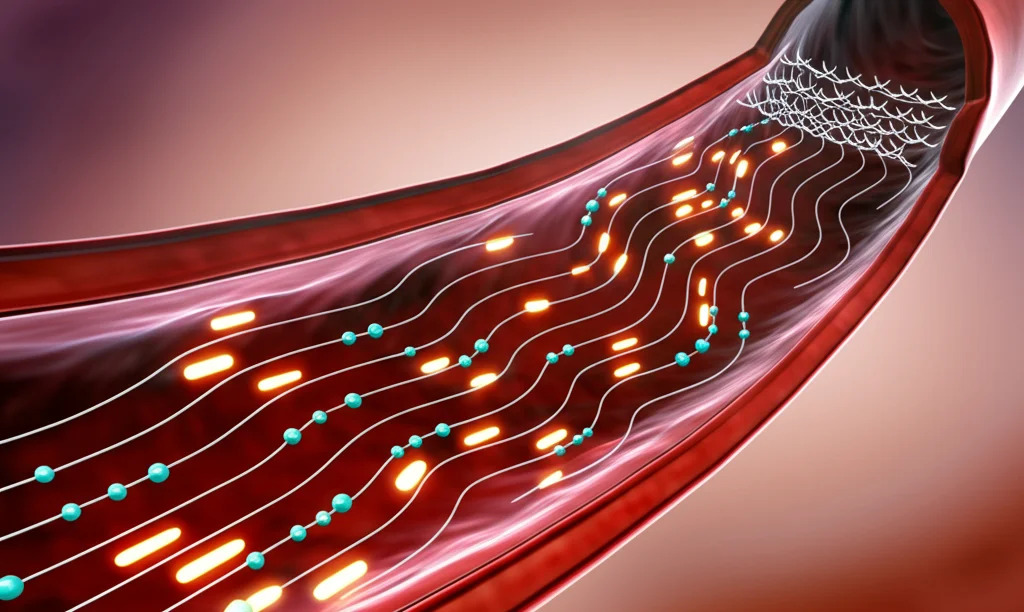 Illustrazione medica semi-realistica che mostra un vaso sanguigno con segni di disfunzione endoteliale e una rappresentazione stilizzata di onde di depressione corticale diffusa (CSD) nel cervello adiacente. Macro 60mm, high detail, precise focusing.