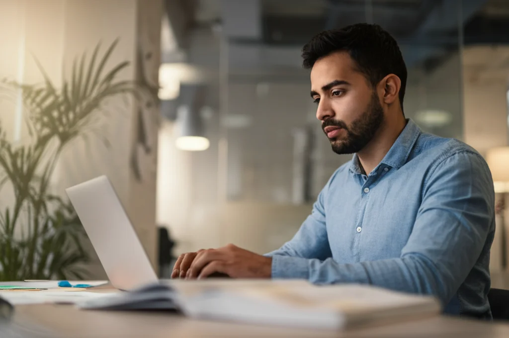 Ritratto di un giovane imprenditore di etnia minoritaria che lavora concentrato al suo laptop in un ufficio moderno e luminoso. Obiettivo prime 35mm, profondità di campo ridotta per focalizzare sul soggetto, luce naturale laterale.