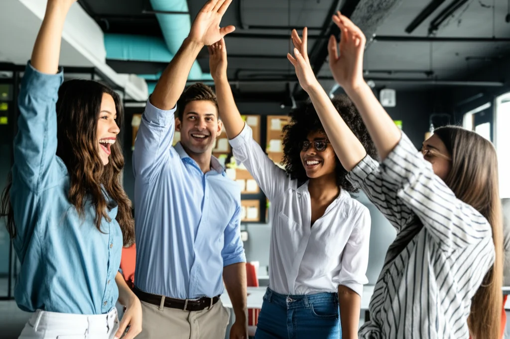 Foto di gruppo dinamica di giovani imprenditori diversi che celebrano un successo alzando le mani in un moderno spazio di co-working. Obiettivo grandangolare 24mm, messa a fuoco nitida, cattura dell'energia e del movimento.