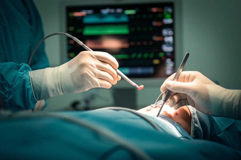 Fotografia realistica di una sala operatoria durante una tiroidectomia, primo piano sulle mani guantate del chirurgo che utilizza strumenti delicati vicino al collo del paziente, monitor IONM sullo sfondo con tracciati visibili, luce chirurgica intensa, 35mm prime lens, profondità di campo.