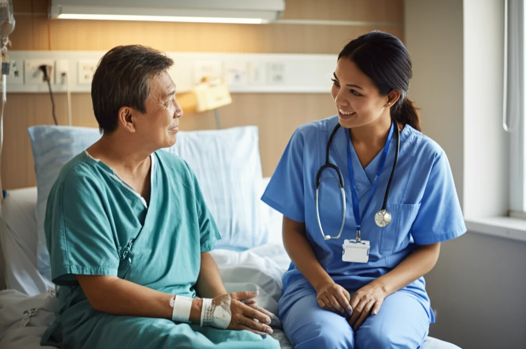 Ritratto di un paziente in fase di recupero post-tiroidectomia, seduto sul letto d'ospedale, conversando con un'infermiera sorridente, luce naturale da una finestra, atmosfera serena, 35mm portrait, profondità di campo.