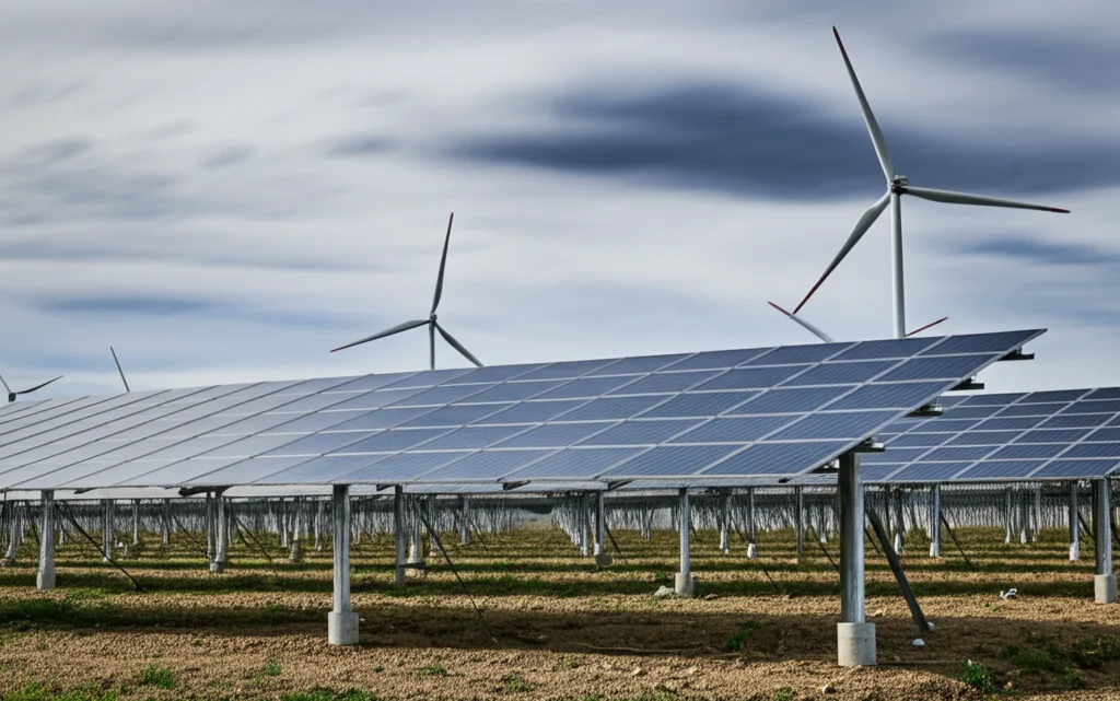 Paesaggio grandangolare, obiettivo 15mm, che mostra turbine eoliche e pannelli solari integrati in una complessa infrastruttura di rete elettrica sotto un cielo dinamico, lunga esposizione per nuvole morbide, messa a fuoco nitida.