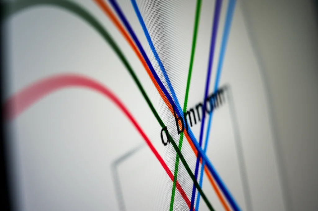 Obiettivo macro, 90mm, scatto ad alto dettaglio di un grafico complesso che mostra più linee convergenti su uno schermo di computer, illuminazione controllata, messa a fuoco precisa sul punto della soluzione ottimale.