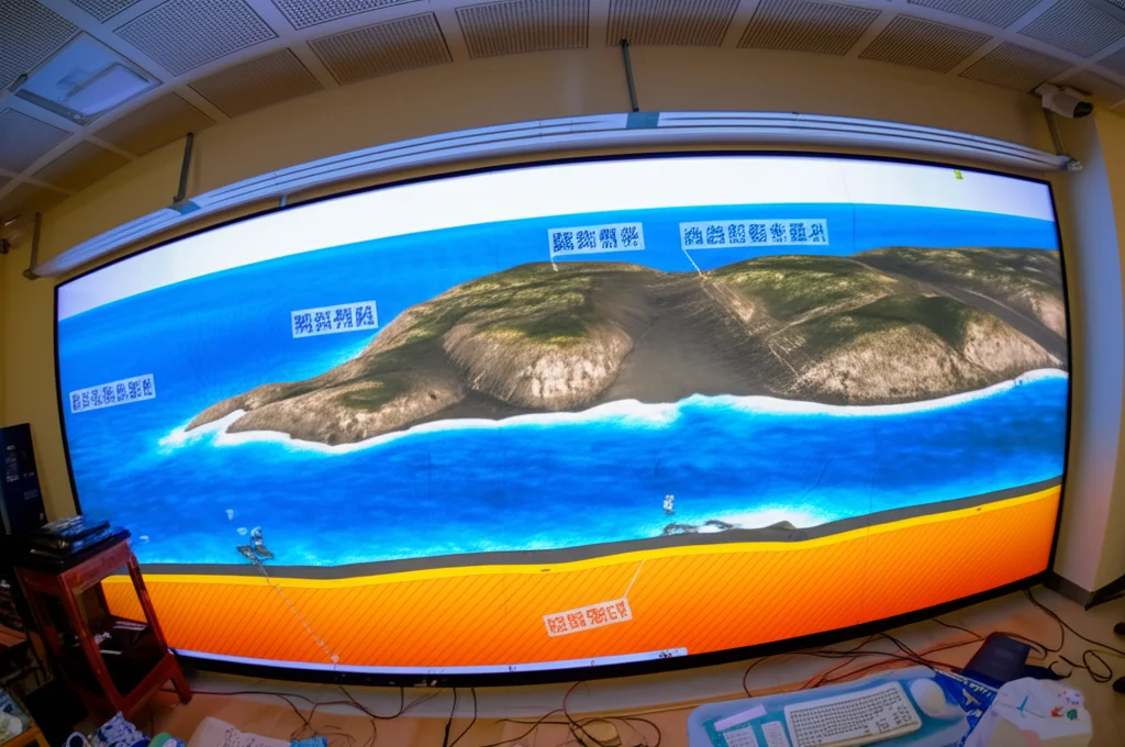 Immagine fotorealistica di una sezione geologica stratificata sotto la costa di Taiwan, visualizzata su uno schermo high-tech in un laboratorio di ricerca. Wide-angle, 15mm, sharp focus.
