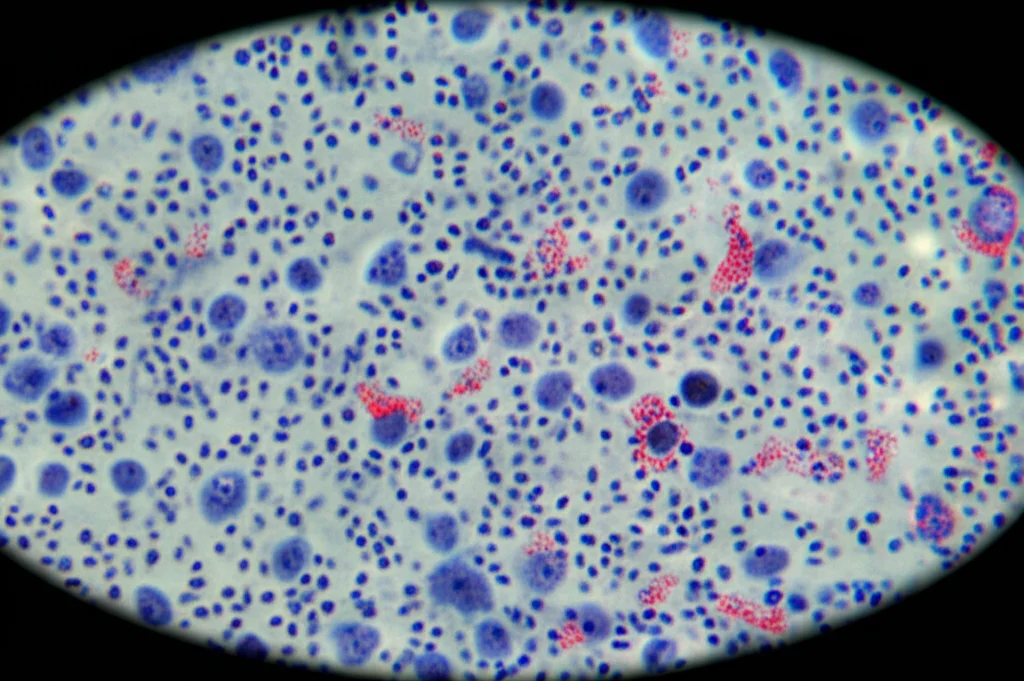 Microscopio ad alta risoluzione che mostra cellule di carcinoma renale a cellule chiare (ccRCC), con alcune cellule evidenziate che si staccano dal gruppo principale per indicare la migrazione e potenziale metastasi. Illuminazione controllata, lente macro 100mm, alta definizione per visualizzare la struttura cellulare e il movimento.