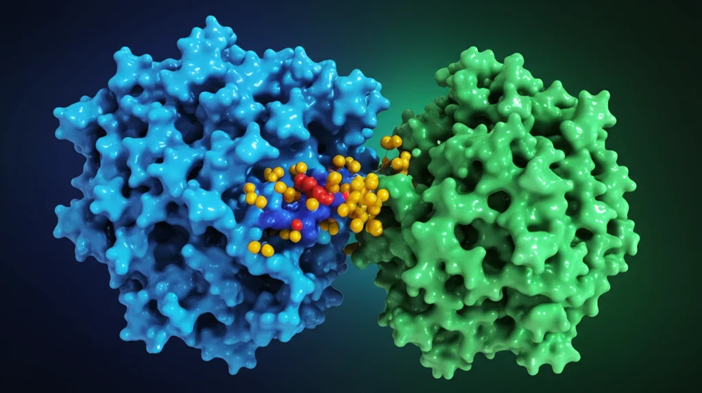 Visualizzazione 3D astratta e fotorealistica di due proteine (YOD1 in blu brillante e ZNF24 in verde smeraldo) che si legano strettamente. Piccole molecole di ubiquitina (giallo opaco) vengono mostrate mentre si staccano da ZNF24 grazie all'azione di YOD1. Sfondo scuro, illuminazione drammatica focalizzata sull'interazione, stile fotorealistico, lente prime 50mm.