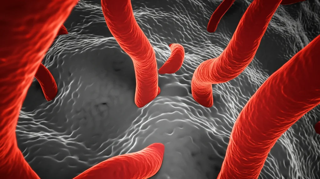 Rete complessa e dettagliata di vasi sanguigni rossi brillanti in crescita all'interno di un tessuto tumorale stilizzato grigio scuro, rappresentazione fotorealistica dell'angiogenesi. Lente macro 80mm, messa a fuoco precisa sui capillari neoformati, illuminazione laterale che crea ombre e profondità, suggerendo crescita attiva.