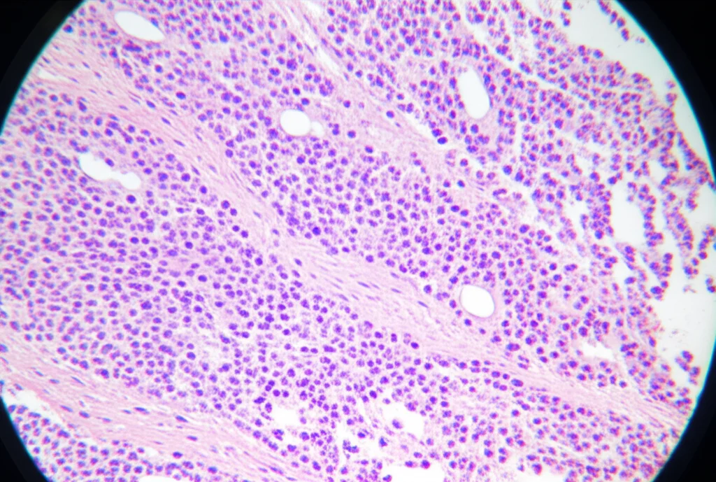 Immagine fotorealistica di vetrini istologici affiancati: uno di tessuto renale normale (struttura ordinata, colorazione chiara) e uno di ccRCC (cellule grandi, chiare, disordinate, colorazione più intensa per YOD1/ZNF24 potenzialmente ridotta). Visualizzazione come attraverso un microscopio da laboratorio. Lente macro 60mm, alta definizione, illuminazione uniforme da sotto.
