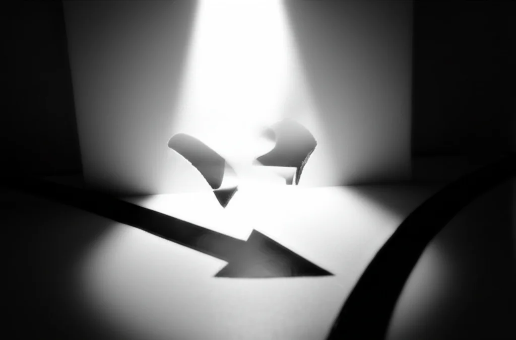 Fotografia concettuale astratta che rappresenta percorsi divergenti 'what if', uno illuminato (trattamento) e uno in ombra (controfattuale), stile film noir, obiettivo 35mm, profondità di campo.