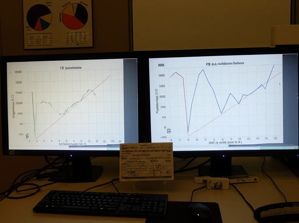 Due schermi di computer affiancati che mostrano visualizzazioni di dati diverse, una con analisi fattoriale (FB) e una con proiezione lineare (LP), illuminazione da ufficio controllata, obiettivo 50mm.