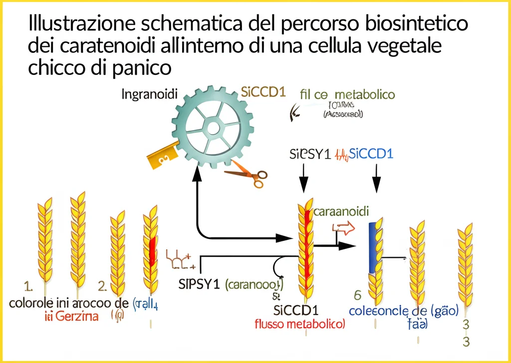 Illustrazione schematica del percorso biosintetico dei carotenoidi all'interno di una cellula vegetale stilizzata del chicco di panico. Molecole colorate (gialle, arancioni) e frecce indicano il flusso metabolico. Focus sull'enzima SiPSY1 (rappresentato come un ingranaggio chiave che avvia il processo) e SiCCD1 (rappresentato come delle forbici che tagliano le molecole di carotenoidi). Illuminazione chiara, stile infografica scientifica dettagliata e pulita.