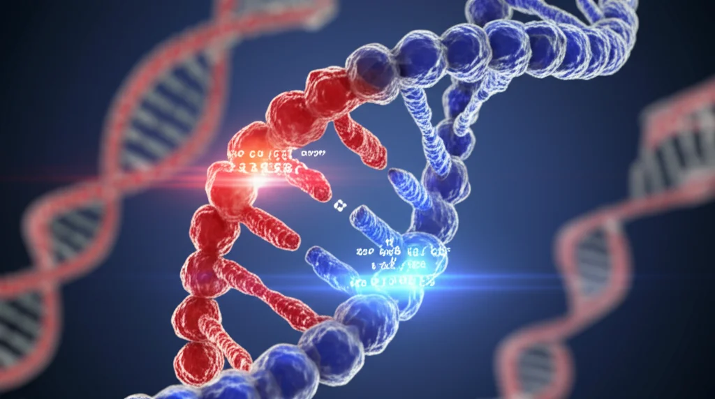 Primo piano estremo di un modello computerizzato di doppia elica del DNA, focalizzato sulla regione del promotore del gene SiPSY1. Specifiche basi (SNP G/A a 364bp) e un segmento inserito (Indel a 856bp) sono evidenziate con colori brillanti (rosso e blu) o etichette luminose. Obiettivo macro virtuale 90mm, profondità di campo ridotta per sfocare le parti distanti della molecola, alta definizione sulla struttura del DNA e sulle mutazioni evidenziate.