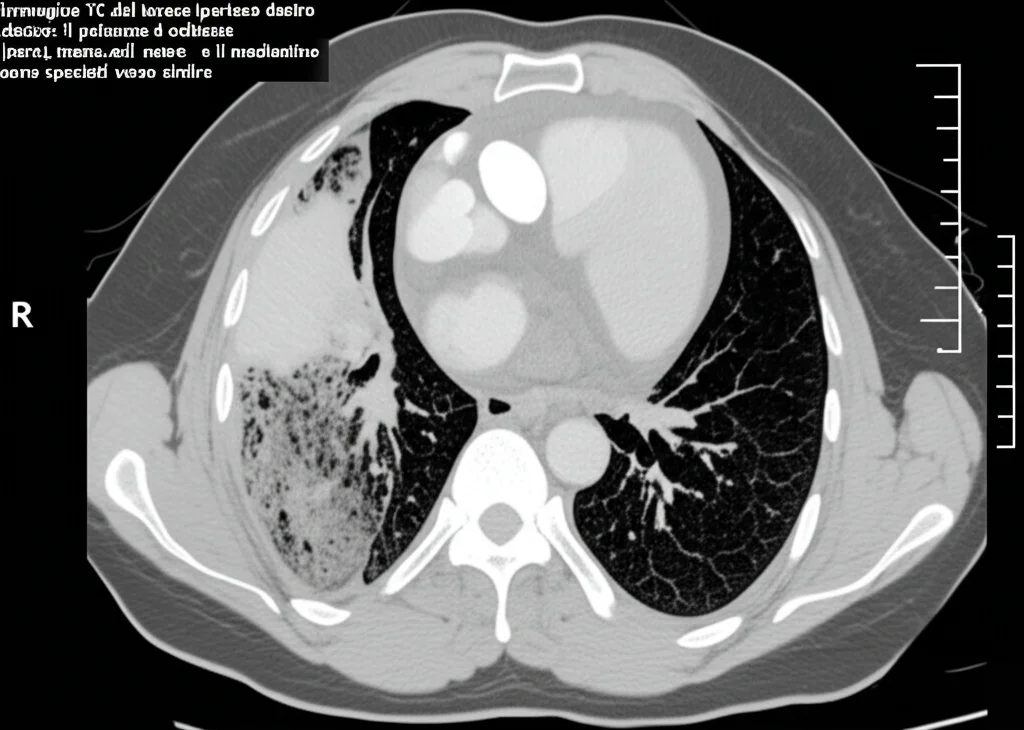 Immagine TC del torace che mostra un pneumotorace iperteso destro: il polmone destro è collassato (nero), il cuore e il mediastino sono spostati verso sinistra. Immagine medica ad alto contrasto, bianco e nero.
