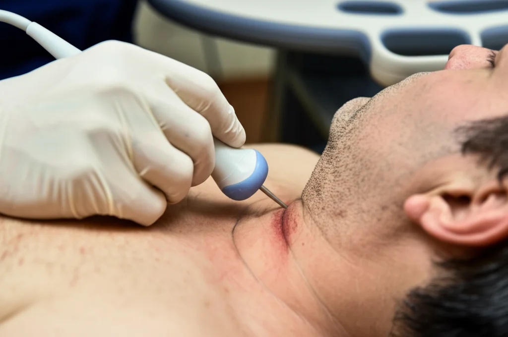 Fotografia di un anestesista che esegue un blocco nervoso interscalenico guidato da ultrasuoni sul collo di un paziente sdraiato, messa a fuoco sull'ecografo che mostra le strutture nervose e vascolari, obiettivo prime 50mm, profondità di campo ridotta per isolare la scena.