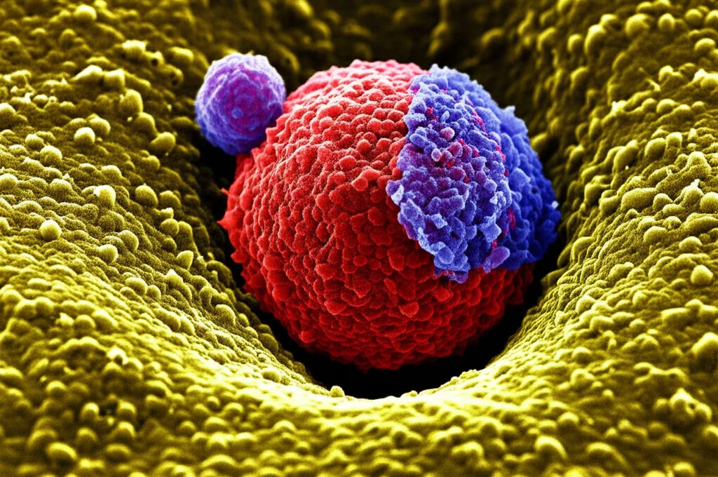 Microscopia elettronica a scansione ad altissimo dettaglio di una cellula microgliale attivata (forma ameboide con processi corti) nel sistema nervoso centrale, che interagisce strettamente con un linfocita T Th17 (più piccolo e sferico), illuminazione controllata per evidenziare le membrane cellulari a contatto, obiettivo macro 100mm, alta definizione.
