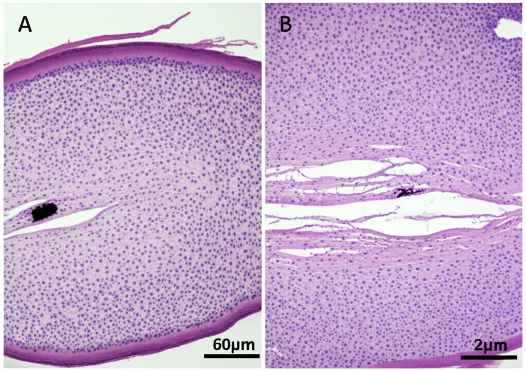 Fotografia macro di sezioni trasversali di midollo spinale di topo. Una sezione mostra grave infiltrazione cellulare (macchie scure, colorazione HeE), l'altra, trattata con ACT001, mostra tessuto quasi normale. Obiettivo macro 60mm, illuminazione da laboratorio controllata, alta risoluzione per dettaglio tissutale.