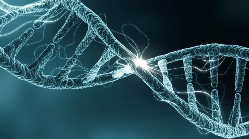 Macro fotografia, obiettivo 90mm, che mostra filamenti intrecciati di una doppia elica di DNA con sottili linee luminose di mappe sovrapposte che rappresentano i continenti europeo e sudamericano. Dettaglio elevato, messa a fuoco precisa, illuminazione controllata e leggermente drammatica.