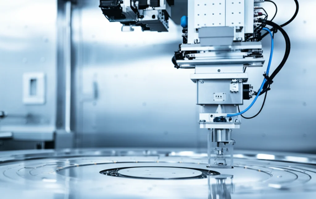 Telephoto zoom, 200mm lens, cattura di un braccio robotico industriale che posiziona con precisione sonde di test su un wafer di silicio in una clean room, fast shutter speed per congelare il movimento, action tracking, luce brillante da laboratorio, enfatizzando la velocità e la precisione richieste nel test dei chip.