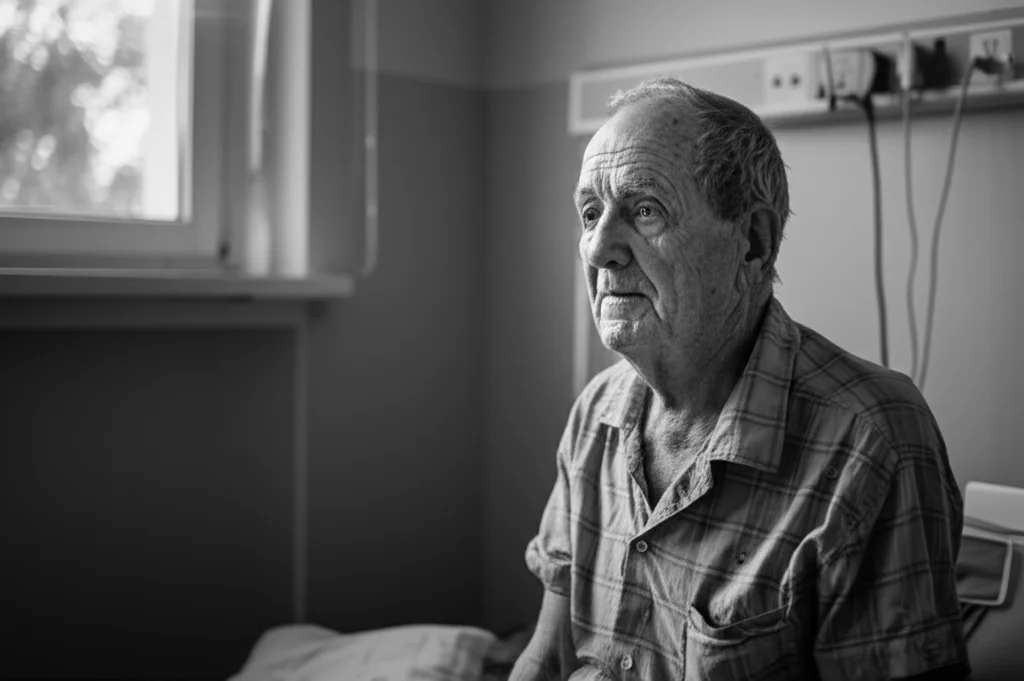 Ritratto fotografico di un uomo anziano (circa 80 anni) in una stanza d'ospedale, sguardo pensieroso ma sereno, luce soffusa dalla finestra. Obiettivo 35mm, profondità di campo ridotta, bianco e nero film.