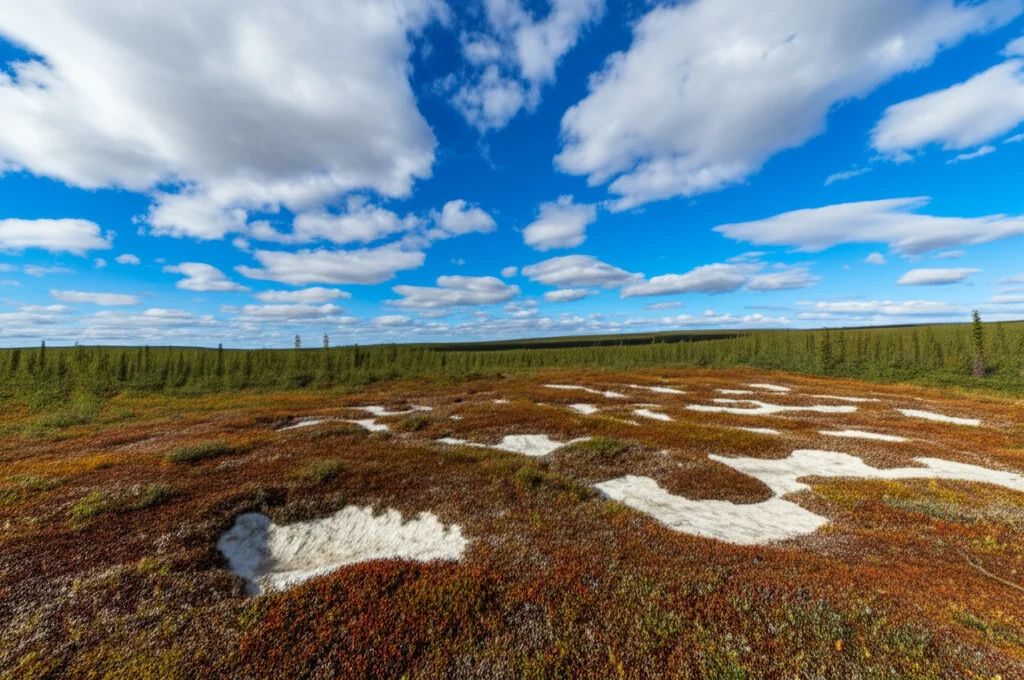 Fotografia paesaggistica grandangolare, 15mm, di un paesaggio artico nello Yukon in estate, che mostra un terreno irregolare con vegetazione della tundra e segni iniziali di cedimento del permafrost, come piccoli avvallamenti o superfici ondulate. Luce naturale brillante, messa a fuoco nitida sull'intera scena, esposizione lunga per dare un leggero movimento alle nuvole.