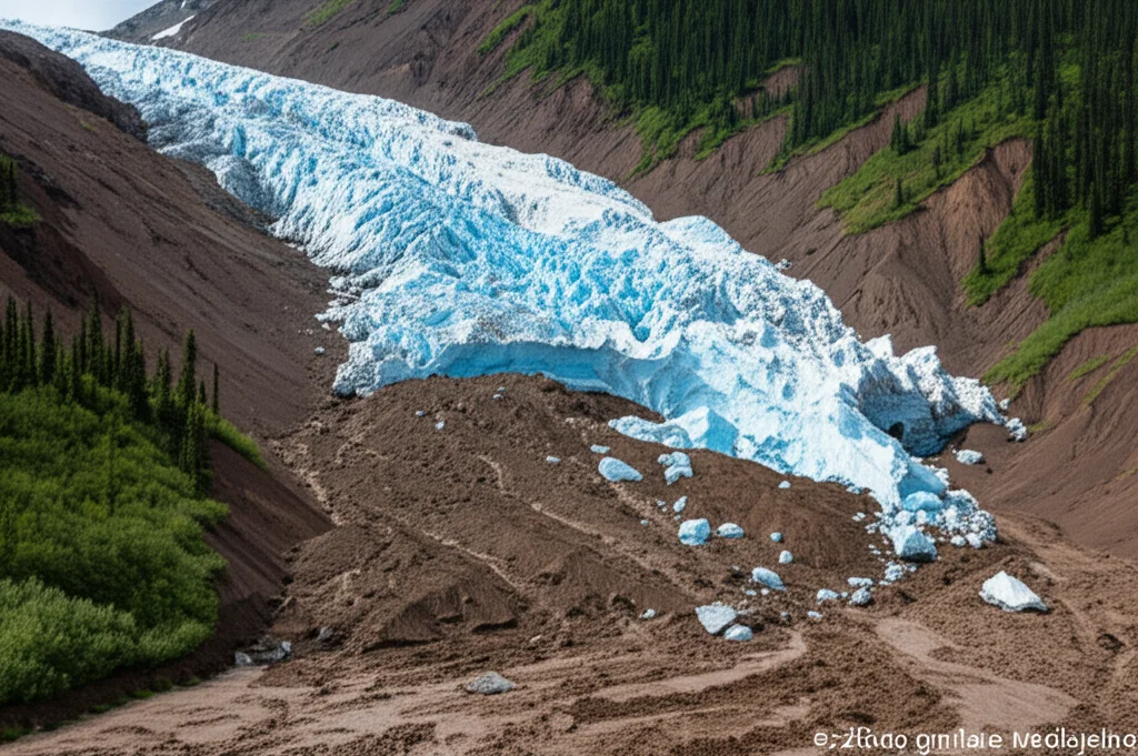 Fotografia con teleobiettivo zoom, 200mm, di una frana da scongelamento regressivo (RTS) attiva su un pendio nello Yukon. Si veda la parete di ghiaccio esposta, il fango e i detriti che scorrono verso il basso. Luce diurna drammatica che enfatizza le texture del terreno e del ghiaccio. Messa a fuoco precisa sulla zona attiva dello smottamento.