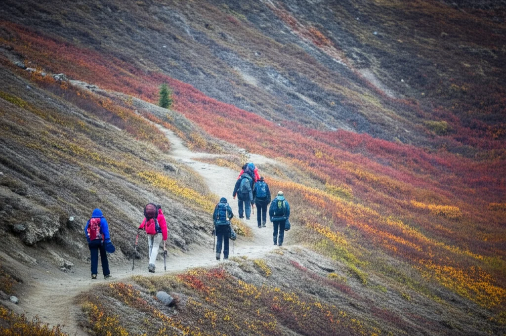 Fotografia di reportage, obiettivo zoom 35-70mm, di un piccolo gruppo di escursionisti in un parco territoriale dello Yukon, come Tombstone. Camminano su un sentiero ben definito, ma sullo sfondo si intravede un pendio con vegetazione rada e terreno potenzialmente instabile (senza mostrare un pericolo imminente ma suggerendo il contesto). Profondità di campo media, luce naturale.