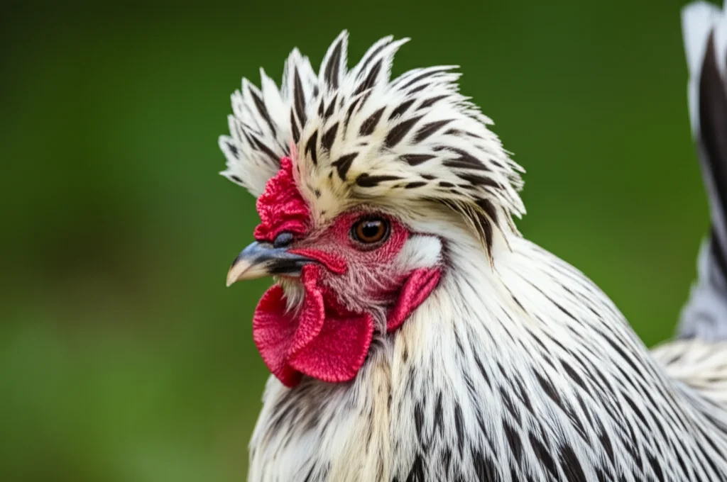 Primo piano di un pollo Beijing-You che mostra il suo caratteristico ciuffo e la barba piumata, fotografia macro con lente da 100mm, alta definizione, illuminazione controllata.