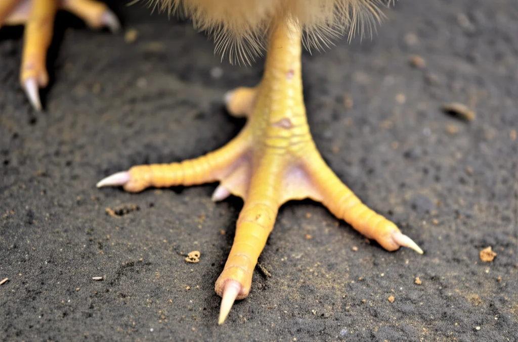Dettaglio macro delle zampe di un pollo Beijing-You che mostra la polidattilia (cinque dita), lente macro 60mm, messa a fuoco precisa sui dettagli anatomici.