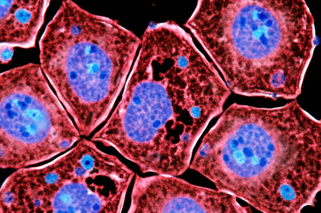 Immagine macro ad alta definizione di cellule cardiache (cardiomiociti) che mostrano segni di stress ossidativo e ferroptosi, con mitocondri danneggiati visibili. Illuminazione controllata per evidenziare i dettagli cellulari. Obiettivo macro 100mm, messa a fuoco precisa.