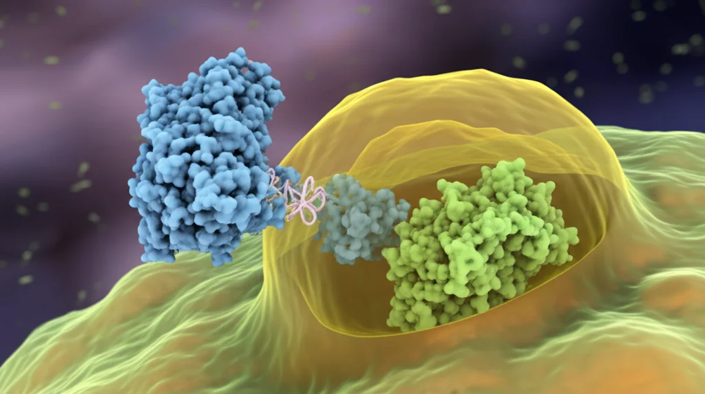 Visualizzazione 3D scientifica che mostra la proteina STING (blu) che interagisce con la proteina GPX4 (verde) vicino a un autofagosoma (membrana gialla traslucida) all'interno di un cardiomiocita. Dettagli molecolari visibili, sfondo cellulare stilizzato. Alta definizione, illuminazione drammatica per enfatizzare l'interazione.