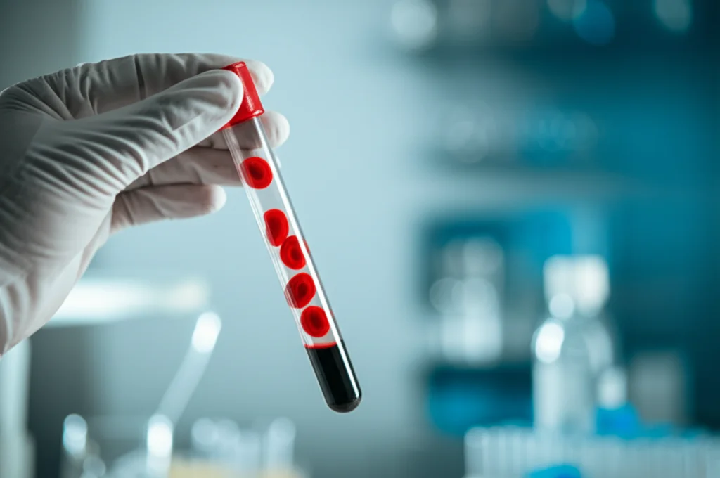 Primo piano di una provetta di sangue tenuta da una mano guantata in un laboratorio medico moderno, luce controllata, obiettivo macro 100mm, alta definizione dei globuli rossi visibili attraverso il vetro.