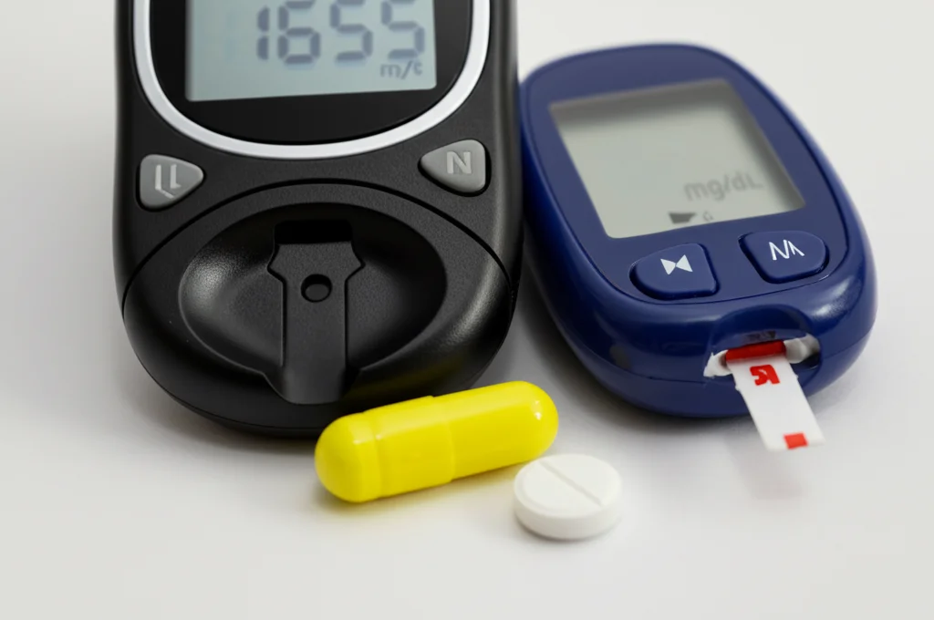 Macro fotografia, lente 100mm, di una pillola di metadone accanto a un glucometro che mostra un valore basso (es. 55 mg/dL). Illuminazione controllata e drammatica, alta definizione dei dettagli, sfondo sfocato.