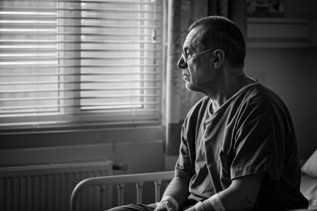 Fotografia di ritratto, 35mm, bianco e nero film noir. Un paziente maschio di mezza età in una stanza d'ospedale guarda fuori dalla finestra con espressione pensierosa ma sollevata, simboleggiando la fine di un periodo difficile.