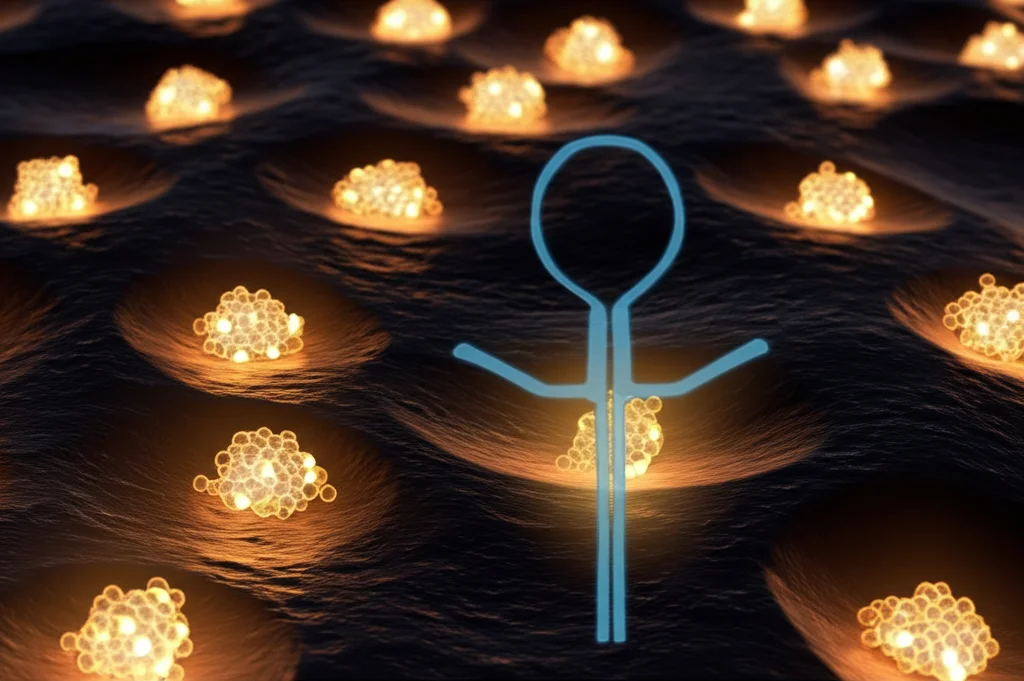 Immagine macro, lente 60mm, alta definizione. Una visualizzazione stilizzata di cellule beta pancreatiche che rilasciano insulina (piccole sfere luminose), con un simbolo stilizzato del recettore mu-oppioide su di esse. Illuminazione controllata, sfondo scuro.