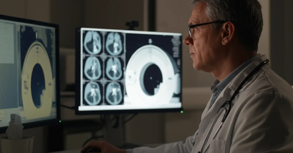 Fotografia ritratto di un medico radiologo concentrato, 35mm, che analizza immagini PET/CT polmonari su un monitor ad alta risoluzione in una sala di lettura scarsamente illuminata, con profondità di campo ridotta per focalizzare l'attenzione sul medico e sullo schermo. Illuminazione controllata.