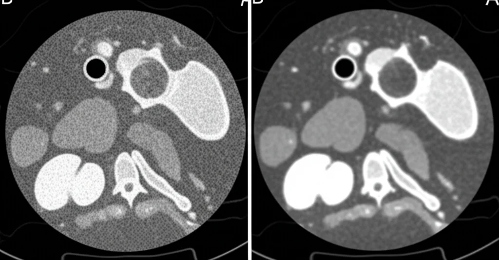 Immagine macro, obiettivo 60mm, che mostra un confronto affiancato di una sezione di scansione PET polmonare. A sinistra, l'immagine è rumorosa e sgranata (bassa dose simulata). A destra, la stessa sezione dopo l'applicazione del denoising AI, appare chiara e definita, con alto dettaglio e illuminazione controllata per evidenziare il contrasto.