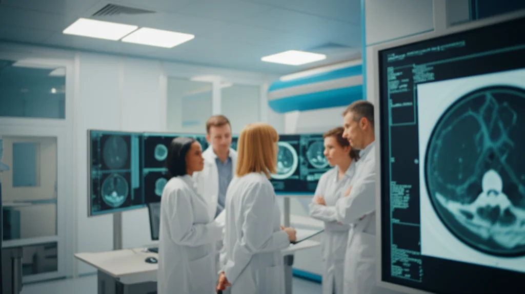 Fotografia grandangolare, obiettivo 10-24mm, di un moderno laboratorio di ricerca medica luminoso e high-tech. Scienziati in camice bianco discutono animatamente davanti a schermi che mostrano immagini mediche avanzate (PET/CT). Messa a fuoco nitida su tutta la scena, trasmettendo un senso di innovazione e speranza nel futuro della diagnostica.