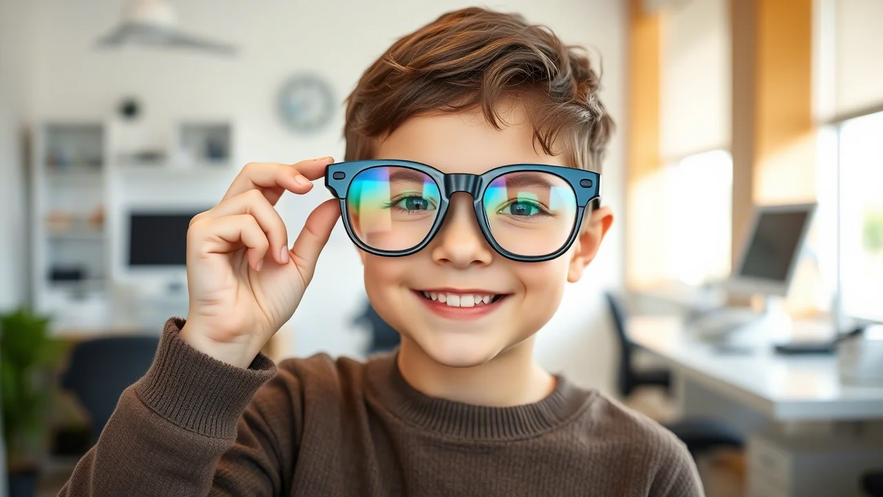 Bambino sorridente di 7 anni prova degli occhiali con lenti speciali O.T.O.G.E. in uno studio oculistico luminoso e moderno, fotografia ritratto 35mm, profondità di campo, luce naturale.