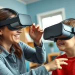 Fotografia stile ritratto, obiettivo 35mm, di un terapista sorridente che aiuta un bambino con bisogni educativi speciali a usare un visore VR in un ambiente terapeutico luminoso e accogliente, toni duo blu e grigio per un'atmosfera calma.