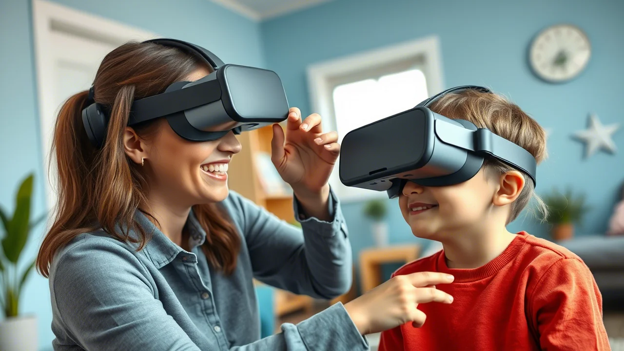 Fotografia stile ritratto, obiettivo 35mm, di un terapista sorridente che aiuta un bambino con bisogni educativi speciali a usare un visore VR in un ambiente terapeutico luminoso e accogliente, toni duo blu e grigio per un'atmosfera calma.