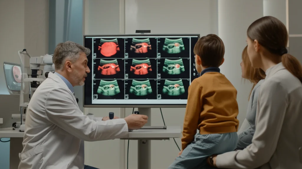 Grandangolo, obiettivo 20mm, che cattura un oftalmologo mentre spiega i risultati di scansioni oculari multimodali (come OCT/FFA) su un grande schermo a genitori preoccupati e al loro bambino in una clinica moderna e ben illuminata, messa a fuoco nitida sullo schermo e sull'interazione.