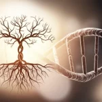 Immagine concettuale fotorealistica di un albero genealogico stilizzato e luminoso, le cui radici si intrecciano con una rappresentazione astratta di una doppia elica di DNA, su uno sfondo sfocato dai toni caldi e rassicuranti. Focus selettivo sull'albero genealogico.