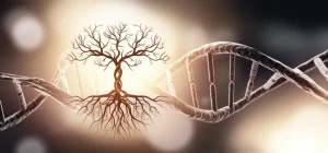 Immagine concettuale fotorealistica di un albero genealogico stilizzato e luminoso, le cui radici si intrecciano con una rappresentazione astratta di una doppia elica di DNA, su uno sfondo sfocato dai toni caldi e rassicuranti. Focus selettivo sull'albero genealogico.