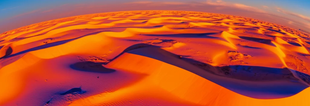 Immagine fotorealistica del deserto egiziano al tramonto, con sovrapposta una mappa termica traslucida che mostra le zone di alto flusso di calore in rosso/arancione e quelle fredde in blu. Stile landscape wide-angle 20mm, long exposure per nuvole soffuse, focus nitido sulla mappa termica e sulle texture del deserto.