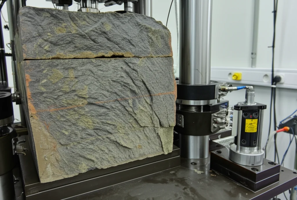 Immagine fotorealistica di un campione di roccia con una giunzione evidente, montato in una macchina per test di taglio servo-controllata in un laboratorio. Si vedono sensori LVDT e cilindri idraulici. Obiettivo prime 35mm, profondità di campo ridotta per mettere a fuoco la giunzione, illuminazione da laboratorio.