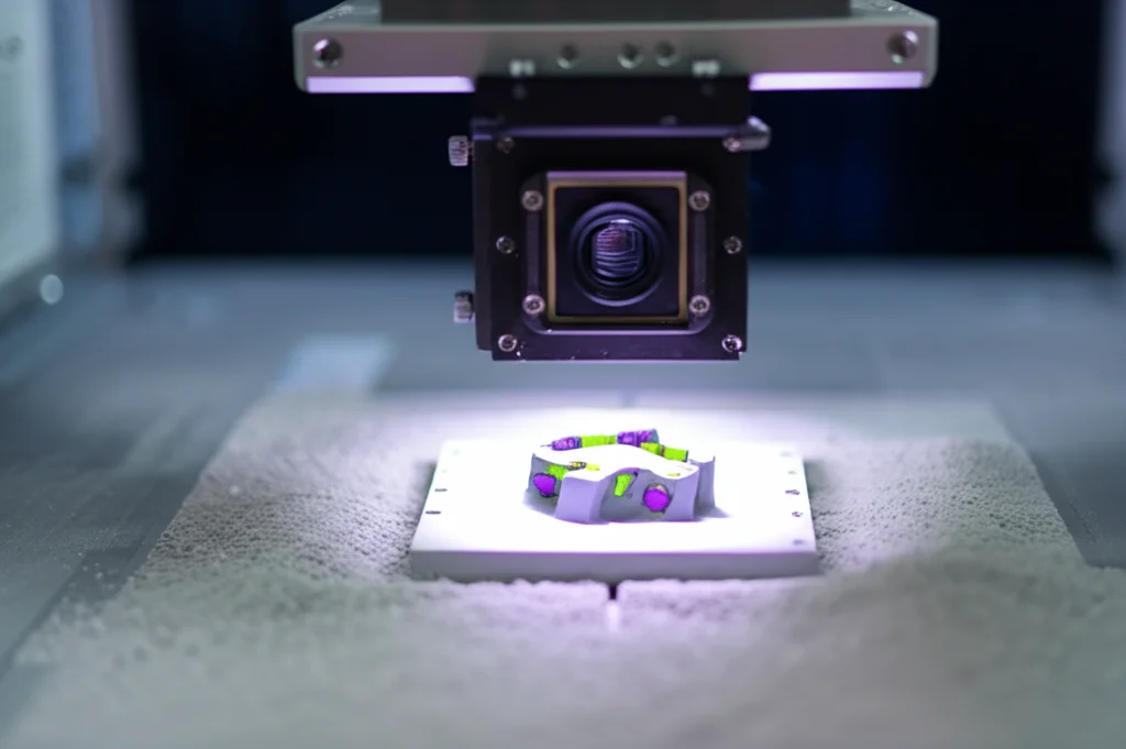 Immagine fotorealistica di un sistema di monitoraggio in situ per la stampa 3D a letto di polvere laser (PBF-LB/M). Si vede una camera CMOS ad alta risoluzione montata sopra un letto di polvere metallica illuminato da luci LED (brightfield e darkfield). Sullo sfondo, uno schermo mostra la ricostruzione 3D di un pezzo metallico complesso con evidenziate piccole deviazioni geometriche. Obiettivo macro, 80mm, alta definizione, illuminazione controllata, focus preciso sul letto di polvere.