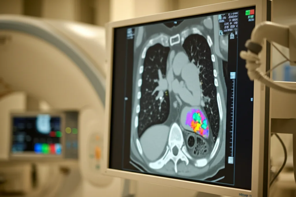 Immagine fotorealistica di una scansione PET/CT polmonare visualizzata su uno schermo medico avanzato in una sala di controllo high-tech. Le aree metabolicamente attive nei polmoni sono evidenziate a colori vivaci. Utilizzare un obiettivo prime da 35mm con profondità di campo per mettere a fuoco lo schermo, mantenendo l'ambiente circostante leggermente sfocato. Illuminazione controllata per enfatizzare i dettagli della scansione.