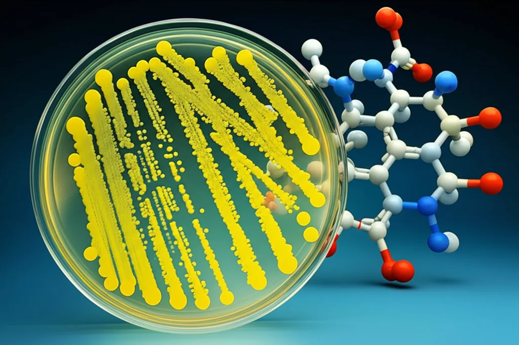 Immagine fotorealistica, macro lens, 70mm, che mostra colonie batteriche di Flavobacterium di un giallo vibrante su una piastra di Petri accanto a un modello molecolare luminoso di zeaxantina, simboleggiando la produzione microbica di carotenoidi preziosi, alta definizione, illuminazione controllata, messa a fuoco precisa.