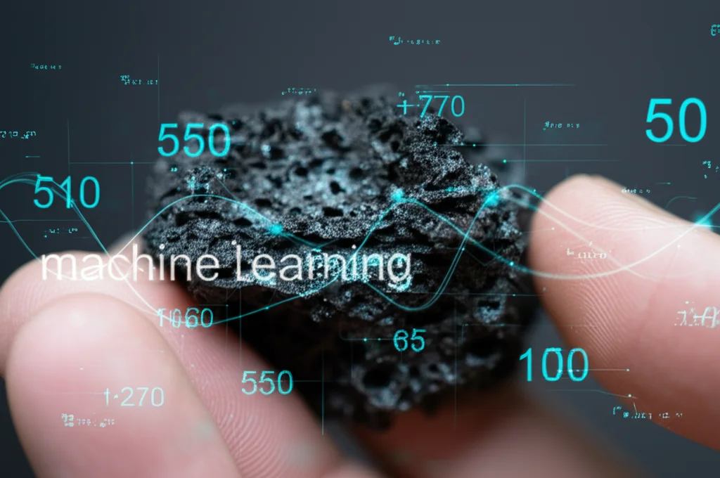 Primo piano fotorealistico di una mano che tiene un campione di biochar poroso scuro, con sovrapposizioni grafiche digitali luminose e astratte (linee, nodi) che simboleggiano l'analisi dei dati tramite machine learning, obiettivo 50mm, profondità di campo ridotta per focalizzare sul campione e sui dati digitali.
