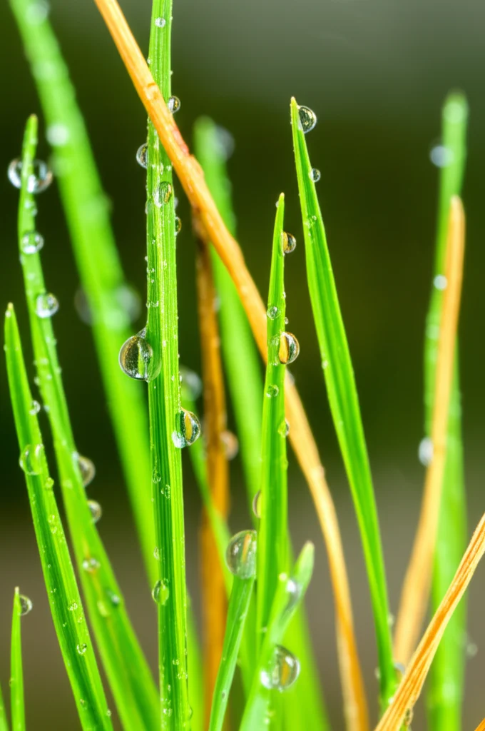 Primo piano macro di fili d'erba di Lolium perenne (ryegrass) sani e verdi accanto a fili secchi e gialli, a simboleggiare la resistenza alla siccità ottenuta tramite l'espressione del gene RD29A-IPT. Obiettivo macro 100mm, alta definizione, illuminazione controllata laterale che evidenzia le gocce di rugiada sui fili verdi e la texture secca di quelli gialli, sfondo naturale sfocato.